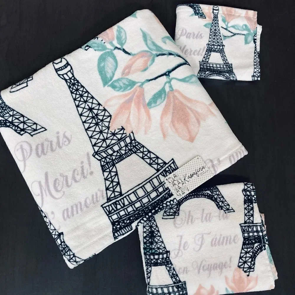Paris Eiffel Tower 3-pc French Floral Complete Bath Towel Set